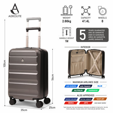 Aerolite 55x35x25cm Hard Shell Carry On Hand Cabin Luggage Suitcase with 4 Spinner Wheels & TSA Lock – Max Size Cabin Bag for Air Europa, Air France, ITA Airways, KLM & Transavia - Charcoal